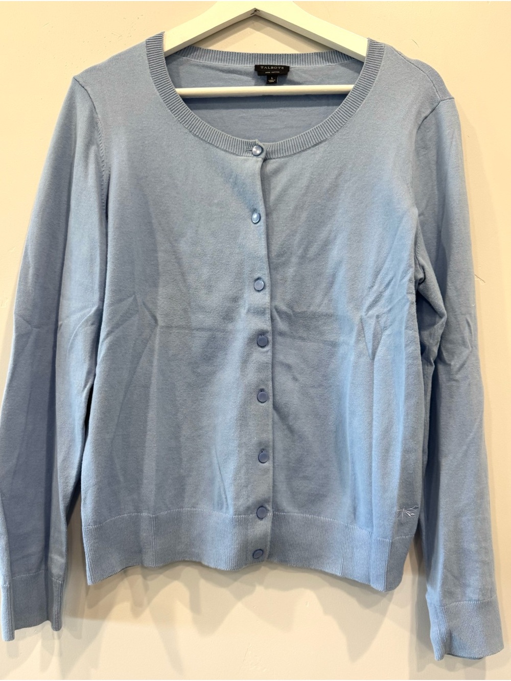 Talbots Light Blue Crewneck Button Cardigan Sweater Embroidered Dragonfly G3